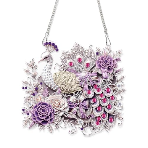 Image of Oversized Peacock Diamond Painting Hanging Ornament Kit for Adults | 5D Special Shape Diamond Art Hanging Kits for Adults, Acrylic Diamond Art Suncatcher Kits, Window Wall Home Decor