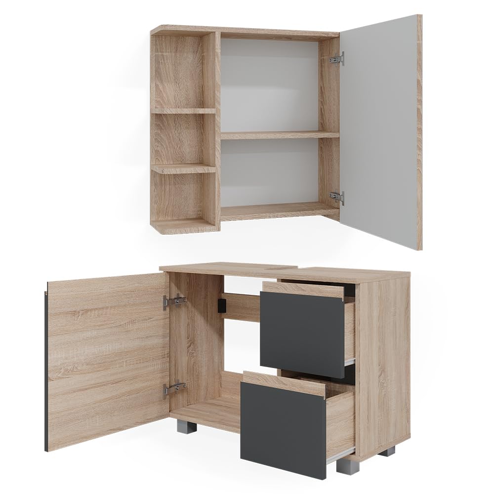 Vicco Set mobili bagno J-Shape, Sonoma, 80 cm, composto da specchio da bagno e mobile sottolavabo