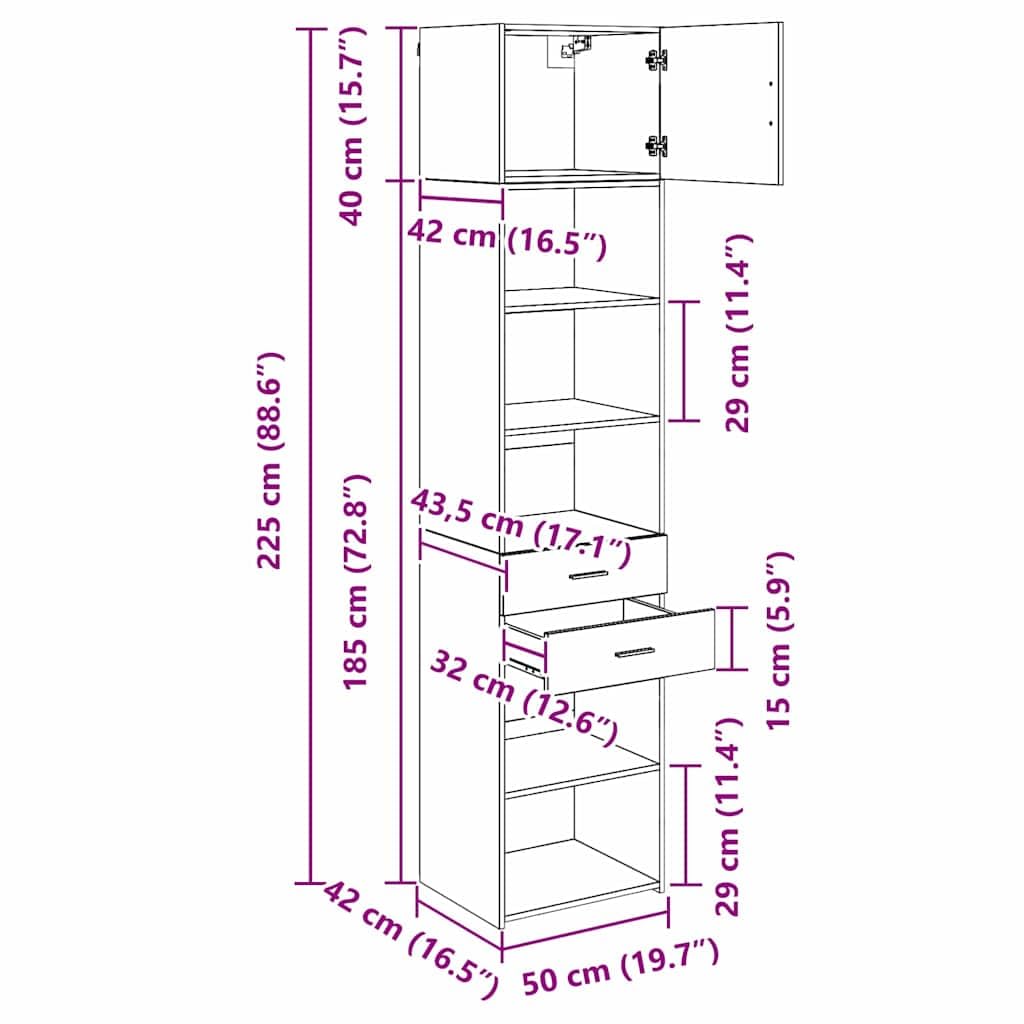 Meuble haut mural en bois vieilli, 50 x 42,5 x 225 cm, avec tiroir et porte, buffet moderne pour salon, salle à manger, bureau, rangement peu encombrant et espace de rangement