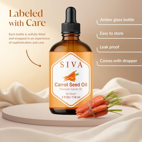 Image of SIVA Carrot Seed Carrier Oil, Glass Bottle with Dropper, 4 Fl Oz (118 ml) | Carrot Seed Oil for Face Care, Skin Care, Facial Oil, Hair Care, Scalp Massage, Body Massage, Dilution & DIY Beauty Blends