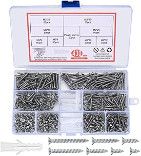 430 Pcs Flat Head Self-Tapping Screws Assortment Kit, M3 Stainless Steel Cross Head Self-Drilling Wood Screws, Including 20 Pcs Plastic Screws Anchors - 6mm/8mm/10mm/12mm/16mm/20mm/25mm/30mm