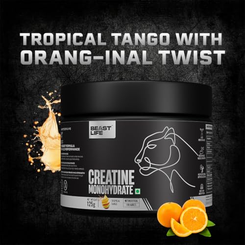 Image of BeastLife Micronised Creatine Monohydrate with Free Shaker | 125g | 33 Servings | Tropical Tango | NABL Lab Tested | Rapid Absorption for Muscle Strength & Athletic Performance | Super Micronised Creatine Powder