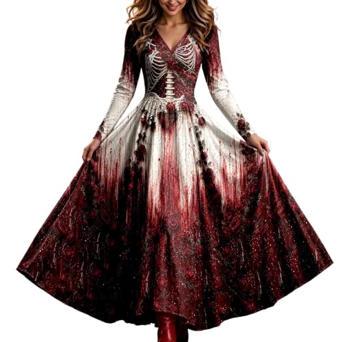 DAIZHUJISLYLT Skeleton Dress,LSkeleton Dress Women Halloween Skull Rose Print V-Neck Maxi Dresses Fall Gothic Vampire Cosplay Costumes(Red_01,Medium) - image 2