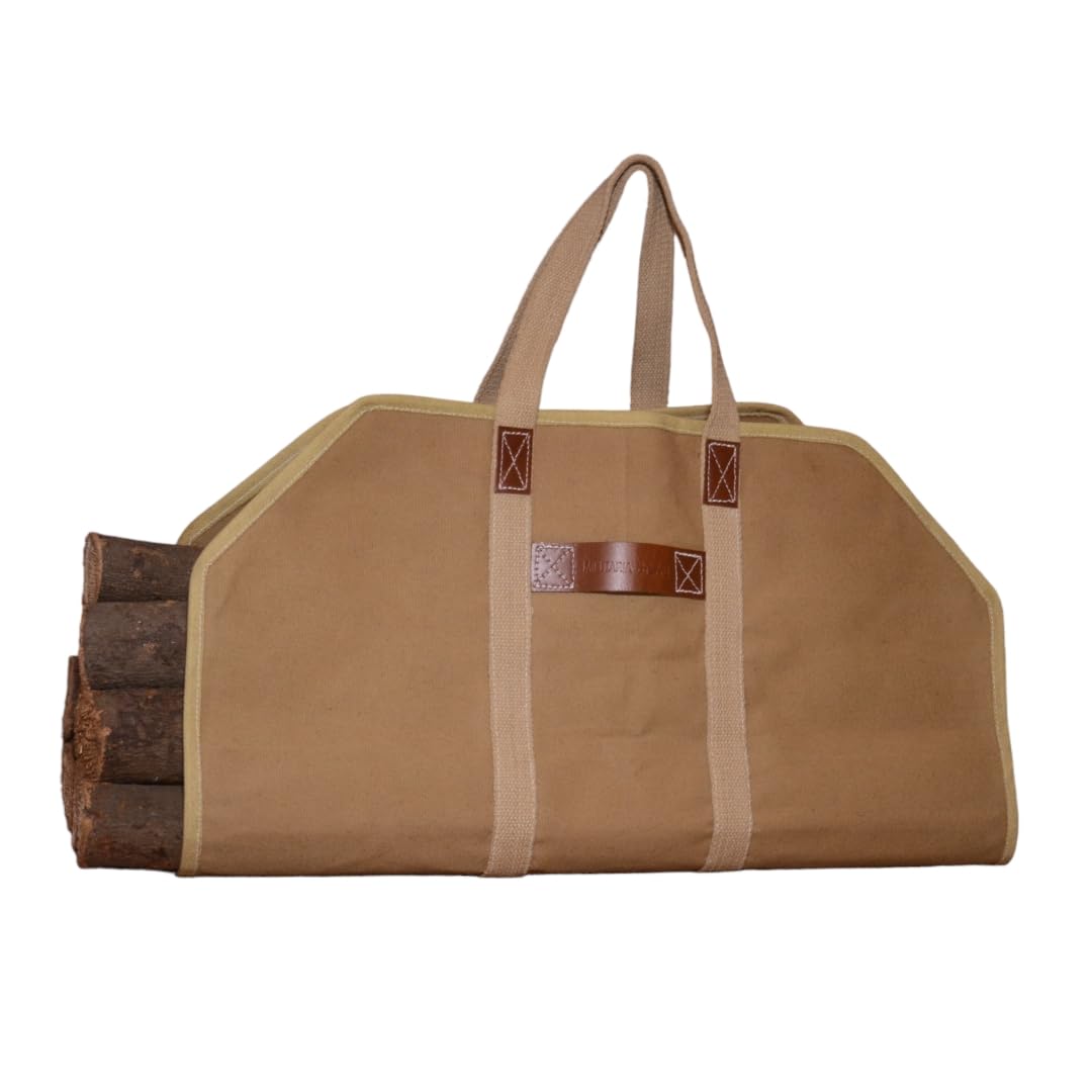 100 % Cotton Canvas Log Carrier for Firewood 22oz Waxed Firewood Bag - Water-Resistant, Fireplace Log Carrier & holder, Flexible Canvas Wood Bag For Fire Place ana Outdoor Camping. (Khakee)