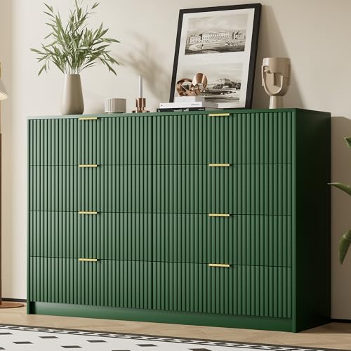Image of Furniway Green Dresser for Bedroom, Modern Dresser with 8 Drawers and Smooth Slides, Wide Chest of Drawers with Golden Handles for Bedroom, Closet, 15.7 inch D x 55 inch W x 37.4 inch H
