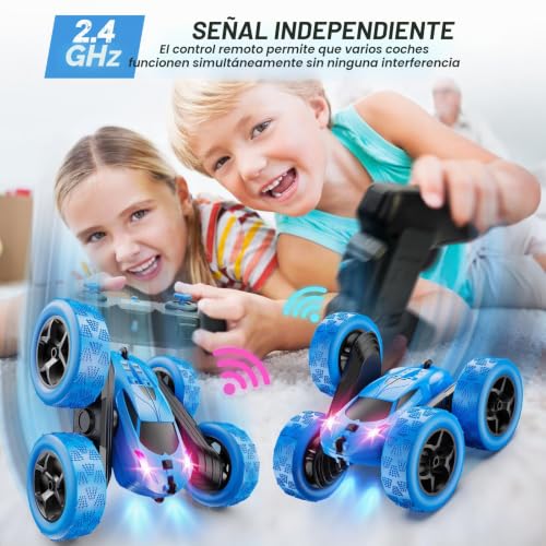 Miniatura 3 de QUNREDA Coche Teledirigido, Coche RC de Juguete para Niños 6-12 Años, 4WD de Acrobacias con Luces LED, Giros 360°, 2,4 GHz, Baterías USB-C Modulares, Regalo de Cumpleaños para Niños, Azul