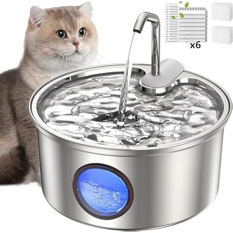 Kenida Stainless Cat Water Fountain - 108oz/3.2L Stainless Steel Cat Fountain Cat Water Dispenser Pet Water Fountain with Level Window,Smart Pump,4-Layer Filtration Systerm for Cats Dogs Cover