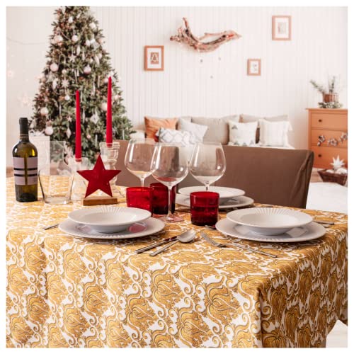 Casaviva® Nappe de Noël hydrofuge en satin extra doux, anti-taches, styrofacile, élégante et moderne, fête et banquet (Damas doré, 140 x 240 cm Cover