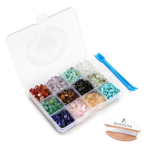 BEADNOVA 5mm-8mm Gemstone Crystal Chips Stone Irregular Shaped Crushed Beads for Jewelry Making (Box Set with 2 Meters Crystal Stretch Cord & Handy Tool), Set 1