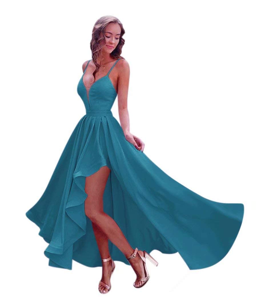 Andybridal Sexy High Low V Neck Satin with Sleeves Open Back Plum Bridesmaid Dress Turquoise 20 Plus