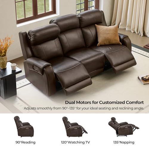 Image of CHITA Genuine Leather Power Recliner Sofa, 3 Seater with Console, Brown