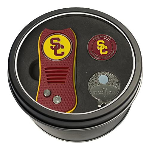 Team Golf NCAA USC Trojans Tin Gift Set with Retractable Divot Tool, Cap Clip, and Ball Marker Gift Set Retractable Divot Tool, Cap Clip, & 2 Double-Sided Enamel Ball Markers, Patented Design, Less Damage to Greens, Retractable Mechanism