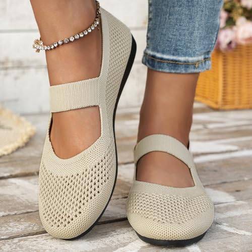Women's Flats with Arch Support Mary Jane Walking Shoes Women Comfortable Lightweight Ballet Flat Round Toe Slip on Knitted Mesh Shoes2