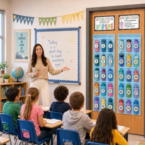 2-Pack-Water-Bottle-Organizer-for-Classroom-30-Pockets-PVC-Clear-Organizer-Holder-for-Cup-Over-The-Door-Hanging-Bag-with-Hydration-Station-Sign-Digital-Stickers-Hooks-for-Back-to-School-Kitchen-Blue