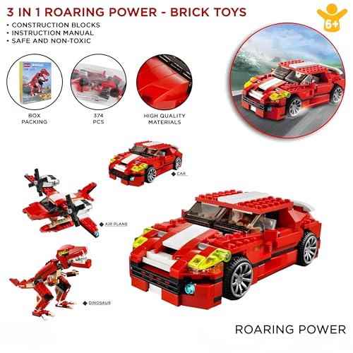 Image of Roaring Power 3-in-1 Dinosaur T. rex Toy Blocks Sports Car | Action Dinosaur Figures Build and Rebuild Toys | Additional Brickable Models | Ideal for Kids 6+ | Fun Educational Building Blocks