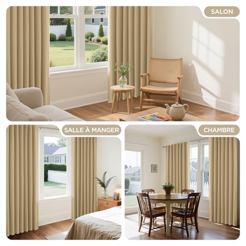 Image of Joydeco Blackout Curtains for Indoor 2 Pieces W 140 x H 175 cm, Thermal Curtain with Hidden Loops for Living Room Modern Children's Bedroom Blackout Curtains, Beige
