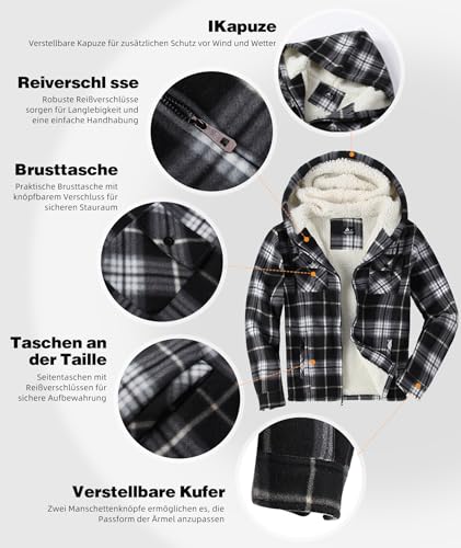 JACKETOWN Herren Fleecejacke Flanell Hemdjacke mit Kapuze Übergangsjacke Warm Gefüttert Kariertes Holzfällerhemd Winterjacke mit Taschen Casual Outdoor Mantel für Herbst Winte
