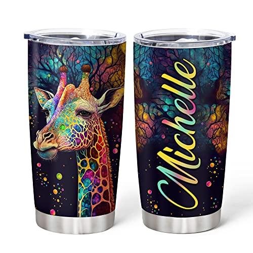 Hyturtle Personalized Gifts For Giraffe Lover - Birthday Christmas - Giraffe Print Custom Name Stainless Steel Tumbler 20oz With Straw Lid - Giraffe Lover Gifts For Her Women Girl Friend