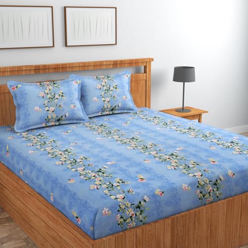 Image of Jashan Premium Cotton Fitted Bedsheets with 2 Pillow Covers for King Size Bed | 200-220 TC | Size 78x72+10 Inches | Sky Blue Flowers | Soft, Durable, All-Around Elastic Modern Design