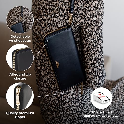 Image of BERLINER BAGS Genuine Leather Zip Wallet Women Lyon, Gift Box - Black /Gold | Soft Leather Zip Around Wallet, Fits up to Phone 6.9 inch, 15 Card Slots, 1 ID Window, 3 Bill Slots, 1 Coin Pocket, RFID Blocking