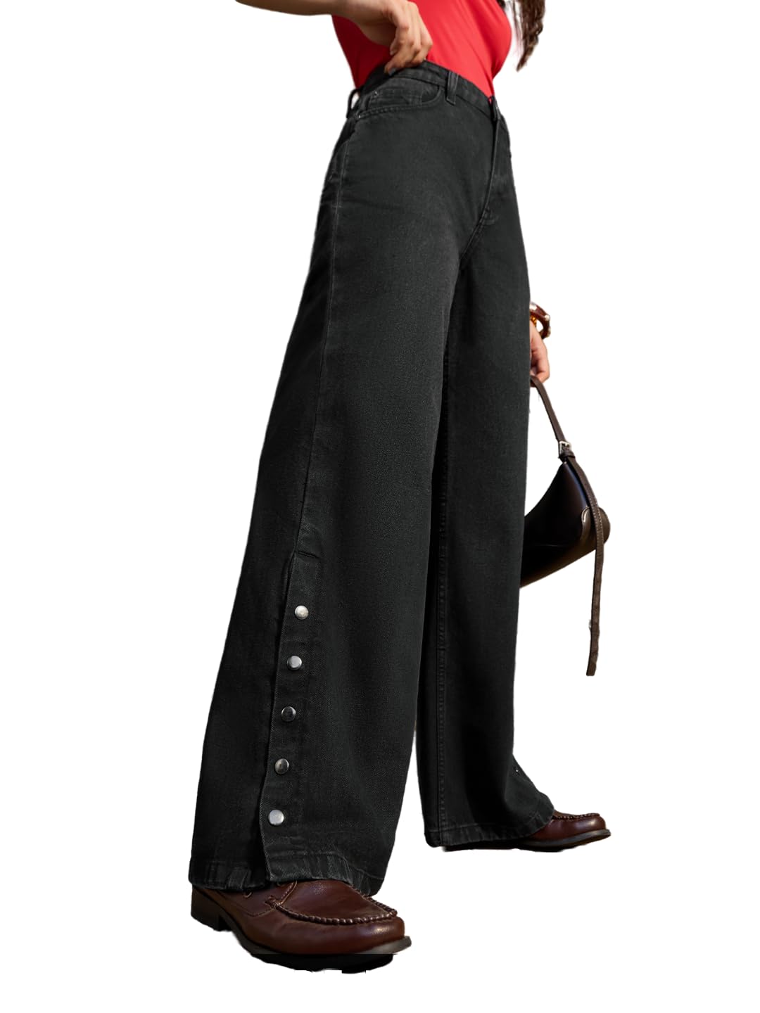The Souled Store Wide-Leg Denim: Halo Women and Girls Buttoned Waistband Black Solid Cotton Denim High Waisted Wide Leg Fit Lightweight Everyday Casual Jeans in black