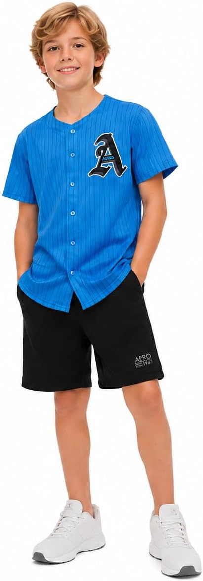 AEROPOSTALE Boys Short Set - 2 Piece Button Up Mesh Baseball Jersey and Fleece Shorts for Boys Athletic Set (Sizes: 8-12)