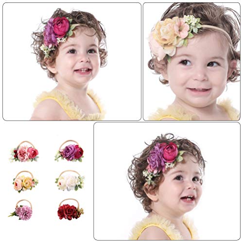 Beaupretty Conjunto de 6 tiaras florais para bebês meninas, coroa de flores, elástico, faixa de cabe