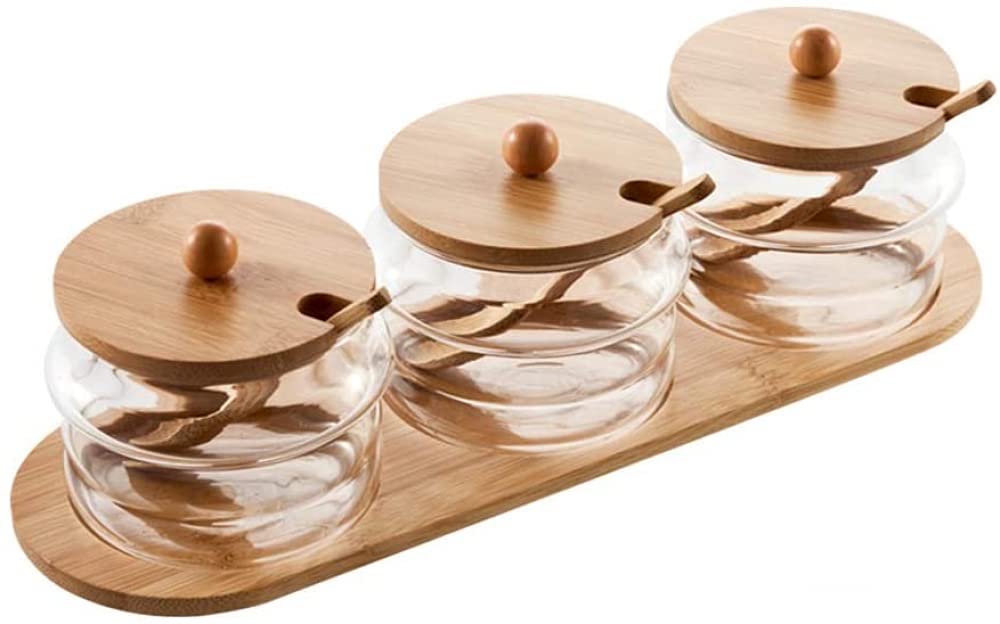 Bambus-Küchen-Aufbewahrungsdosen-Set, 3-teilig, Gewürzbox und Glas für Salz, Gewürze und Kräuter, stilvoller Haushalt (25 x 9,5 x 7,5 cm)