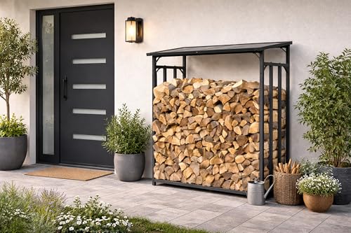 QUICK STAR Metall Kaminholzregal Außen 143 x 70 x 145 cm, Pro- 40 mm Stahlprofil, Anthrazit, Wetterfest, Kapazität 1, 4 m³ (2 SRM), M Garten Kaminholzunterstand Stapelhilfe-3