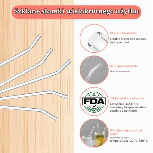 10 sztuk szklanych słomek 200 mm, wielokrotnego użytku, certyfikat LFGB, przezroczyste, zakrzywione szklane słomki z 2 szczotkami do czyszczenia, nie zawierają BPA, szklane słomki do koktajli,