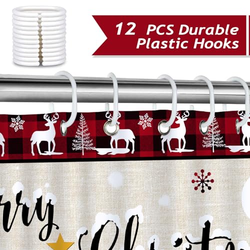 Bonhause Christmas Tree Shower Curtain Buffalo Check Plaid Xmas Tree Winter Farmhouse Bathroom Curtain 180 x 180 cm Waterproof Mildew & Mould Resistant Polyester Fabric Bath Curtain with 12 Hooks - Image 3
