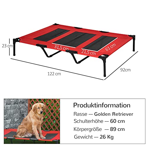 PawHut Hundeliege Outdoor, Erhöhtes Hundebett für Groß Hunde, Kühlende Haustierliege mit Waschbares Mesh robuster Metallrahmen, Haustierbett für Reisen Garten Outdoor, 122 x 92 x 23 cm, Rot