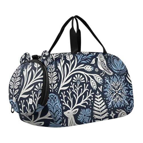 Flradish Linocut Relief Print Kids Overnight Duffle Bag,Gymnastics Sports Dance Bag with Shoe Compartment & Wet Pocket, Travel Weekender Tote for Boys & Girls