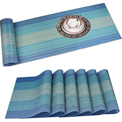 IMIYOKU Placemats with Compatible Table Runner Crossweave Insulation Placemat Washable Table Mats Set(6pcs 12"x18" + 1pcs 12"x71",Ombre Blue) Cover