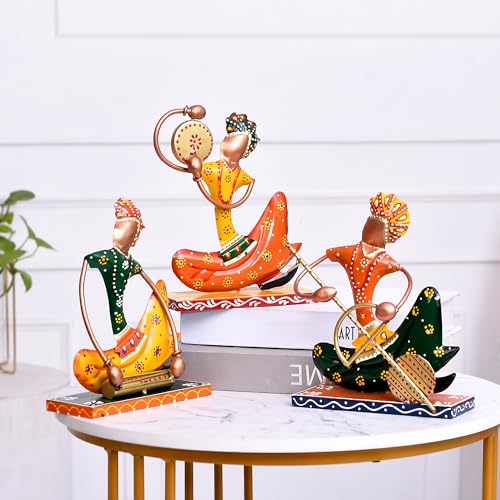 Image of **KUTUMBH Handcrafted Metal Nagpuri Musician Showpiece Set | Traditional Tribal Musician Figurines for Home Decor, Living Room, Office Table, Shelf & Gift | Multicolor | Set of 3**
