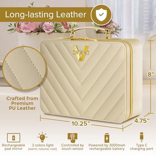 JENNI V Upscale PU Leather Makeup Bag with Light Up Mirror, 3 Brightness Settings, Adjustable Dividers - Replace Your Bulky Vanity While On the Go - Chic Travel Makeup Case Box - Makeup Organizer Bag