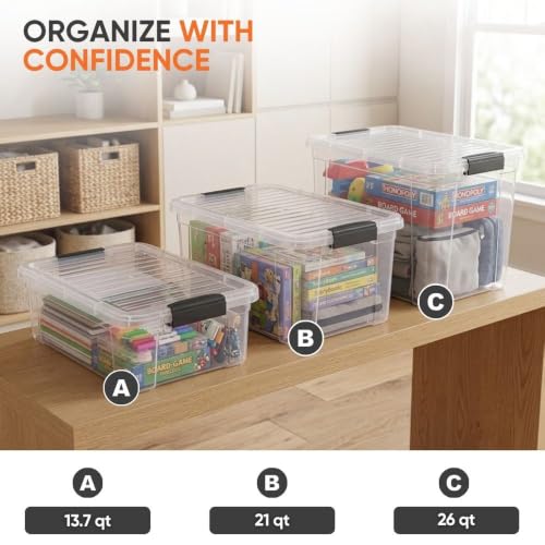 Image of Superio 21 Quart Clear Plastic Storage Boxes with Lids, Stackable Organizer Containers, BPA-Free Storage Bins for Home, Office, School & Dorm, 6 Pack