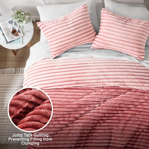 Intelligent Design Queen Comforter Set, Plush Bedding, Microfiber Reverse, 3 Piece, Lightweight, Super Soft Ribbed Velvet Comforter 2 Shams, All Season Fluffy Bed Set, Avril, Full/Queen Blush Ombre