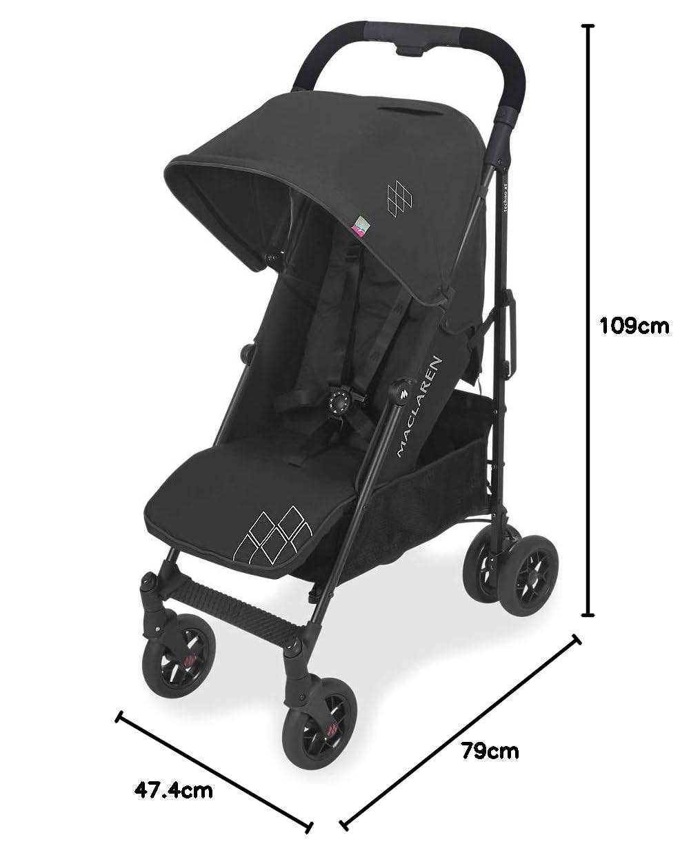 Maclaren Techno Arc silla de paseo tipo paraguas ligero, Para niños de recién nacidos hasta 25 kg, capota extensible con factor UPF 50+ y asiento reclinable, Accesorios incluidos, Negro