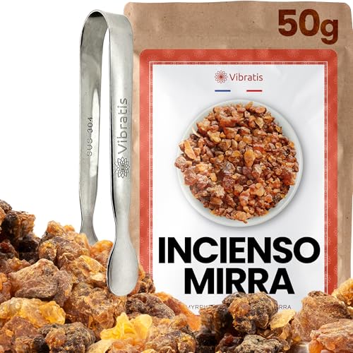 VIBRATIS Incienso de Mirra en Granos 50g con Pinza – Natural Premium para Purificación y Meditación – Reconciliación, Felicidad, Salud y Purificación de Espacios