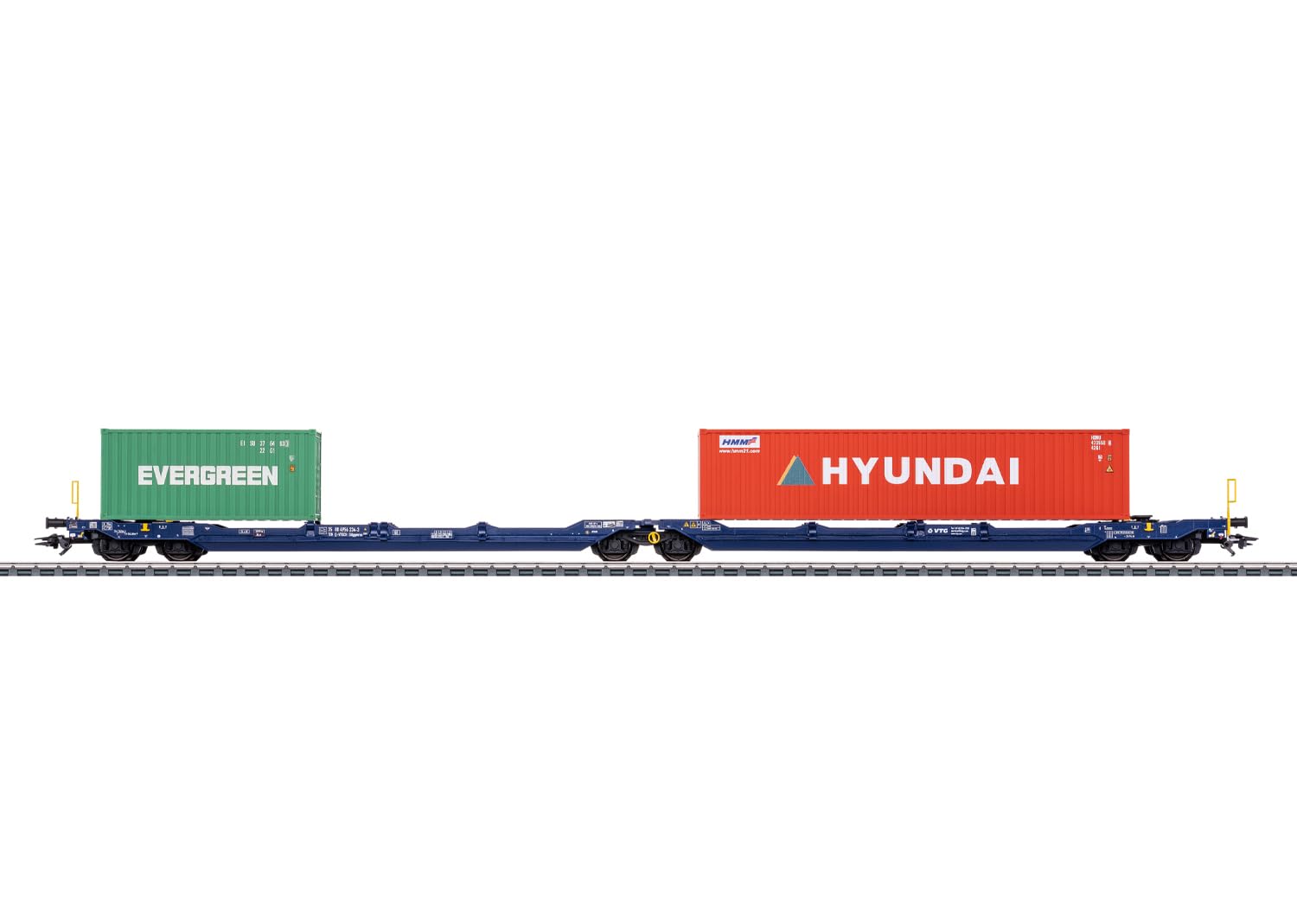 Märklin 47474 Double Pocket Cart Sdggmrss - H0 AC - 6 Axle VTG Freight Cart, Metal Construction, Folding Latch, Loaded with 20ft & 40ft. Containers - Era VI - Wagon Model 15.5"