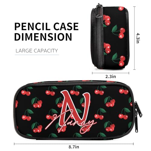 Image of Custom Cherry Pencil Case for Boy Girl Teens, Personalized Name Pencil Pouch, Big Capacity Black Pen Bag with Zipper, Organizer For Home Desk Office School