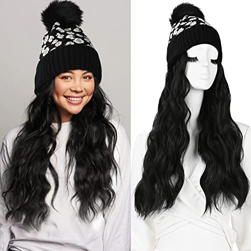 LONAI Beanie Hat Wig,Knit Hat with Hair for Women, Leopard Hat Wig with 18" Black Long Wavy Hair Extension for Winter-Black and White Leopard Hat with Black Brown Hair