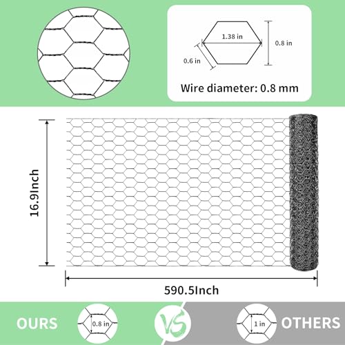 Image of Chicken Wire 16.9 in x 590.5 in Poultry Wire Netting Hexagonal Galvanized Mesh Garden Fence Barrier for Pet Rabbit Chicken Fencing with 100 Pcs Cable Zip Ties(PVC-Coated)