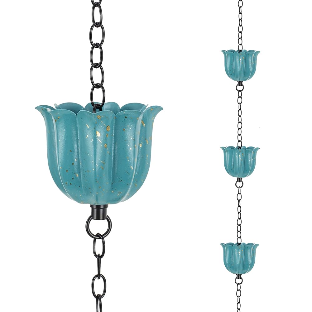 8.2 ft Lotus Rain Chain, Rain Chains for Outside with 10 Cups, Adjustable Rain Chains for Gutters, Replacement Downspout for Gutters, Eaves, Drainage