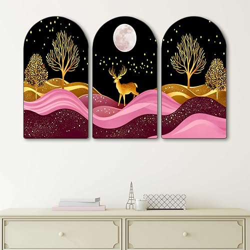 Image of Livin'luxe Deer Wall Art | Set of 3 MDF Panel Paintings | Golden Forest & Moonlight Night Theme Decorative Wall Hanging for Living Room, Bedroom, Office & Home Interiors (20 x 30 Inch) RPNS-11