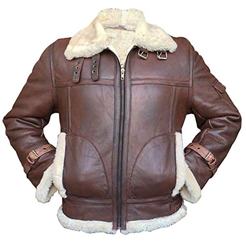 SpazeUp MenS Faux Fur Shearling Real Sheepskin Leather Jacket | B3 Flight Pilot Aviator Bomber Jackets Coat Men