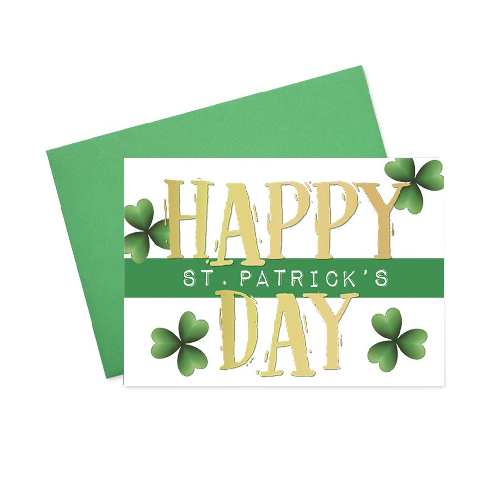 Amazon セントパトリックデー グリーティングカード Spd0 グリーンシャムロックに囲まれた楽しいゴールドフォントでハッピー セントパトリックデーメッセージ付きグリーティングカード ボックスセットには25枚のグリーティングカードと26枚のグリーン封筒が含まれ