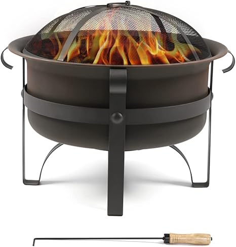 Wostore Wood Burning Fire Pits for Outside 23.5 Inch Portable Bronze Cauldron Camping Bonfire Patio Backyard Fireplace with Spark Screen and Poker