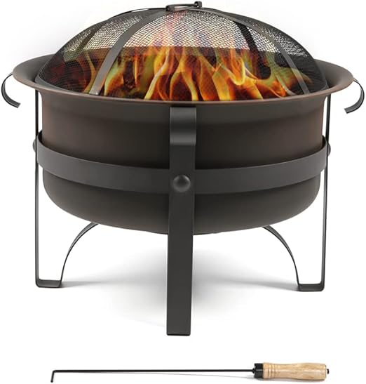 Wostore Wood Burning Fire Pits for Outside 23.5 Inch Portable Bronze Cauldron Camping Bonfire Patio Backyard Fireplace with Spark Screen and Poker